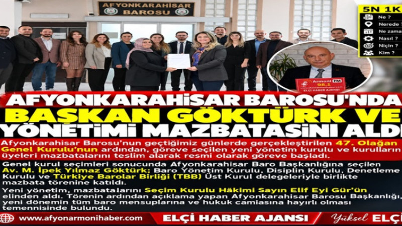 Afyon Barosu'nda Başkan Göktürk ve Yönetim Mazbatasını Aldı